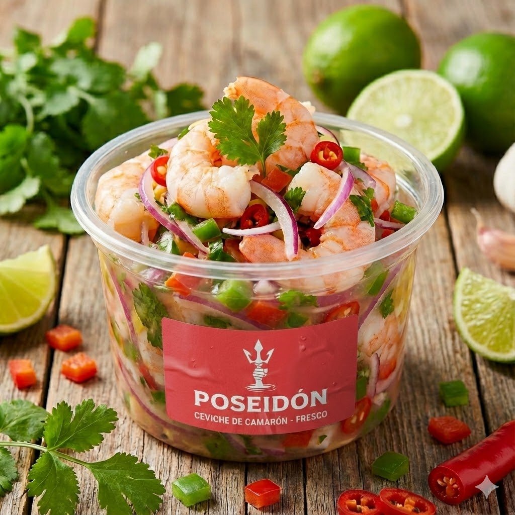 ceviche de camarón fresco 300 gramos ceviche de camarón Poseidon Seafood ceviche de camarón con vegetales frescos ceviche de camarón sin ají