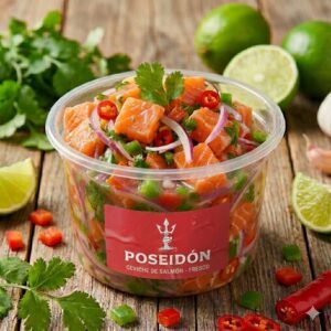 ceviche de salmón fresco 300 gramos ceviche de salmón Poseidon Seafood ceviche de salmón sin ají ceviche de salmón con vegetales frescos
