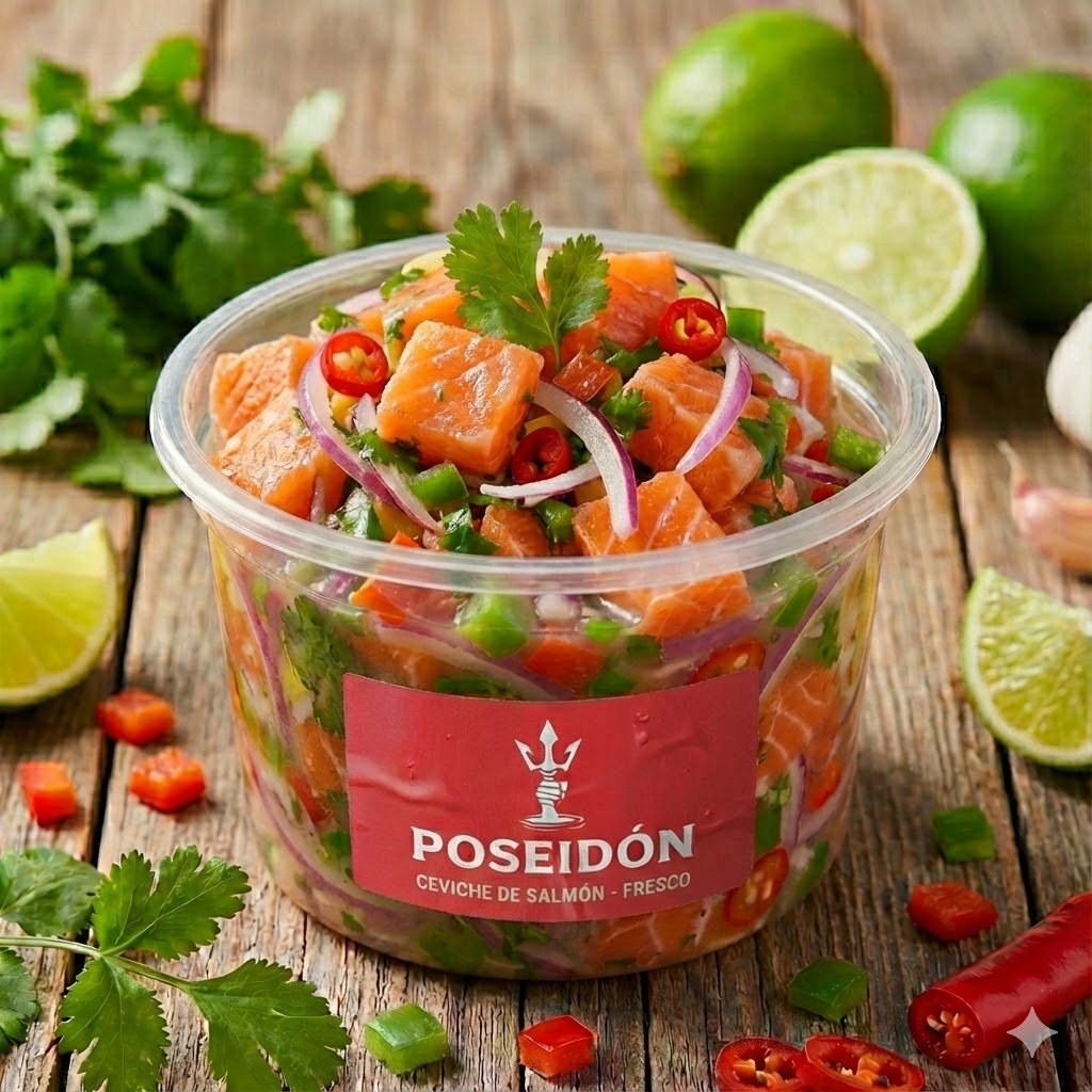 ceviche de salmón fresco 300 gramos ceviche de salmón Poseidon Seafood ceviche de salmón sin ají ceviche de salmón con vegetales frescos