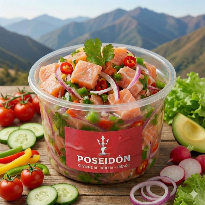ceviche de trucha fresca 300 gramos ceviche de trucha Poseidon Seafood ceviche de trucha sin ají ceviche de trucha con vegetales frescos