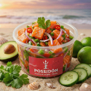 ceviche de salmón fresco 300 gramos ceviche de salmón Poseidon Seafood ceviche de salmón sin ají ceviche de salmón con vegetales frescos