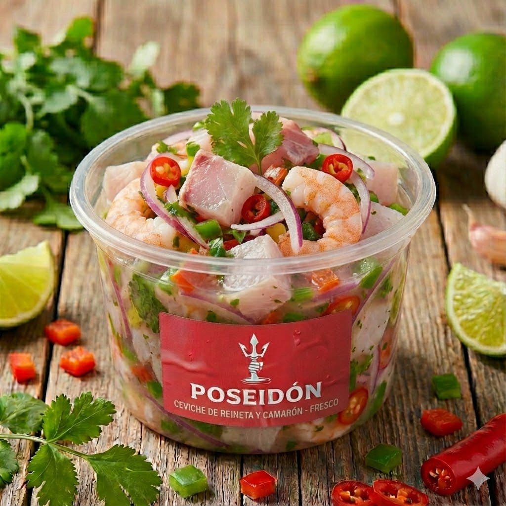 ceviche de reineta y camarón fresco 300 gramos ceviche reineta camarón Poseidon Seafood ceviche mezcla de reineta y camarón ceviche sin ají con vegetales frescos