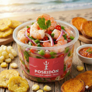 ceviche de camarón fresco 300 gramos ceviche de camarón Poseidon Seafood ceviche de camarón con vegetales frescos ceviche de camarón sin ají