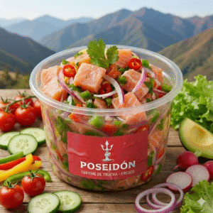 ceviche de trucha fresca 300 gramos ceviche de trucha Poseidon Seafood ceviche de trucha sin ají ceviche de trucha con vegetales frescos